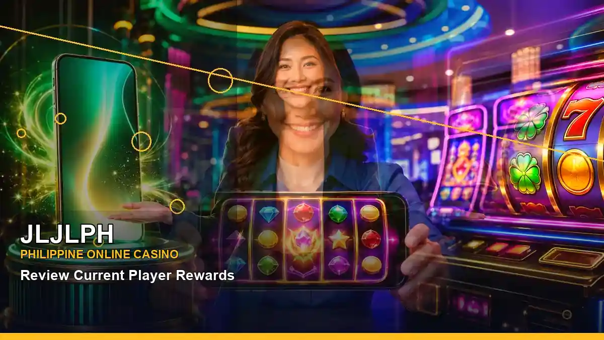 JLJLPH Philippines casino guide with right close-up gold jackpot slot games and an adult Filipina casino host